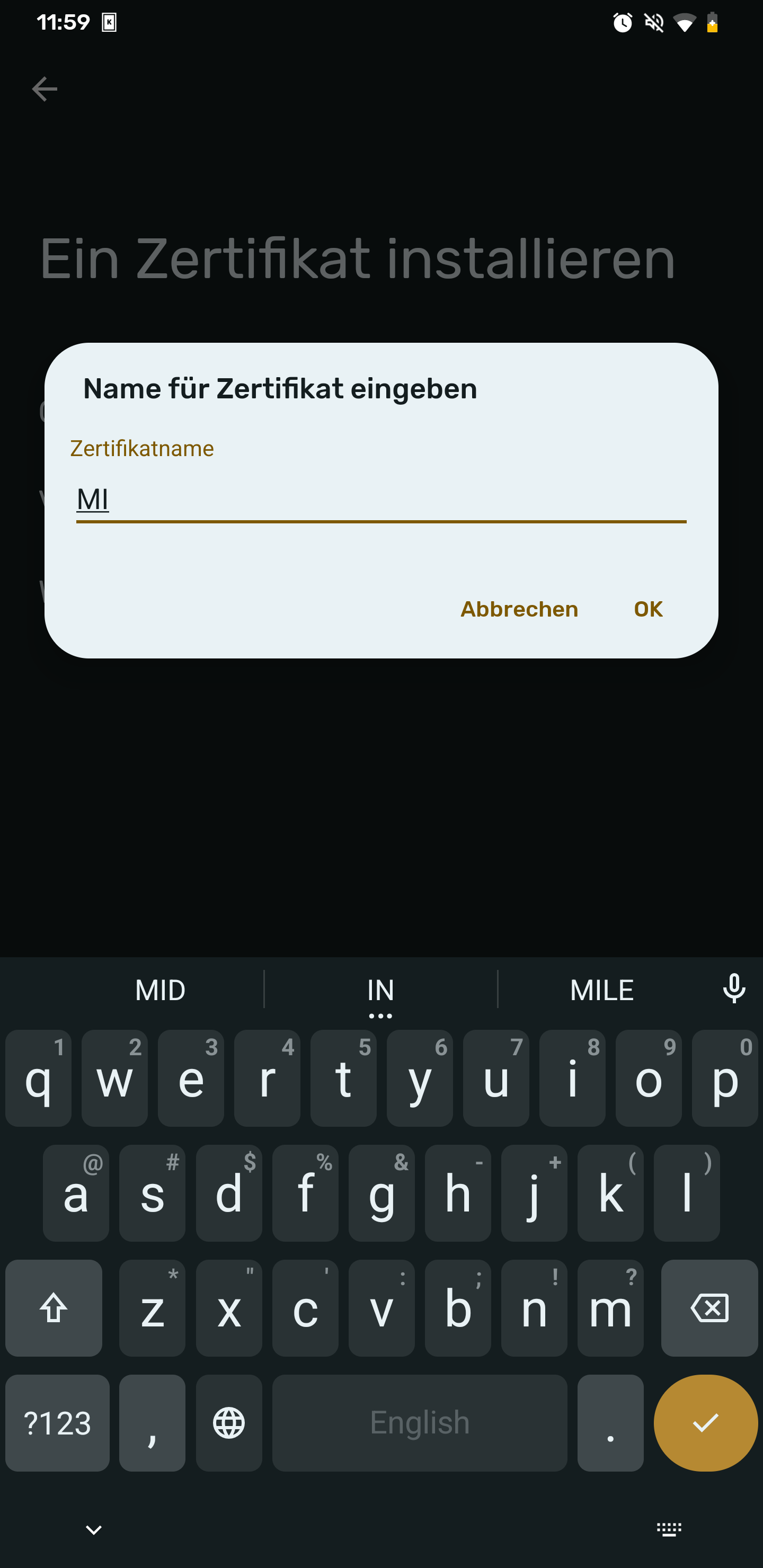 Screenshot des Dialogs „Name für Zertifikat eingeben“